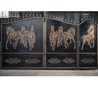 Металлические декоративные ворота с изображением лошадей K105