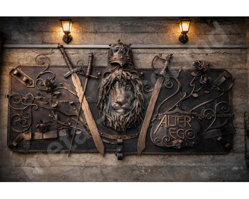 Декоративная металлическая панель «Королевский Лев» с мечами K2