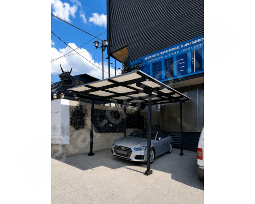 Copertină auto metalică cu panouri fotovoltaice K35 produsă de MetalDecor în Moldova